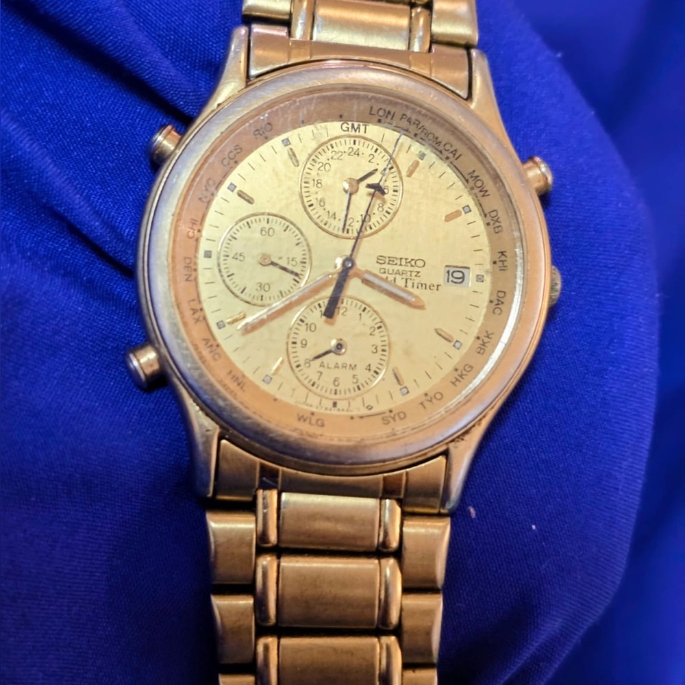 Seiko World Time Gold Tone Mens Watch For Parts Or Repair 7T52-6A29